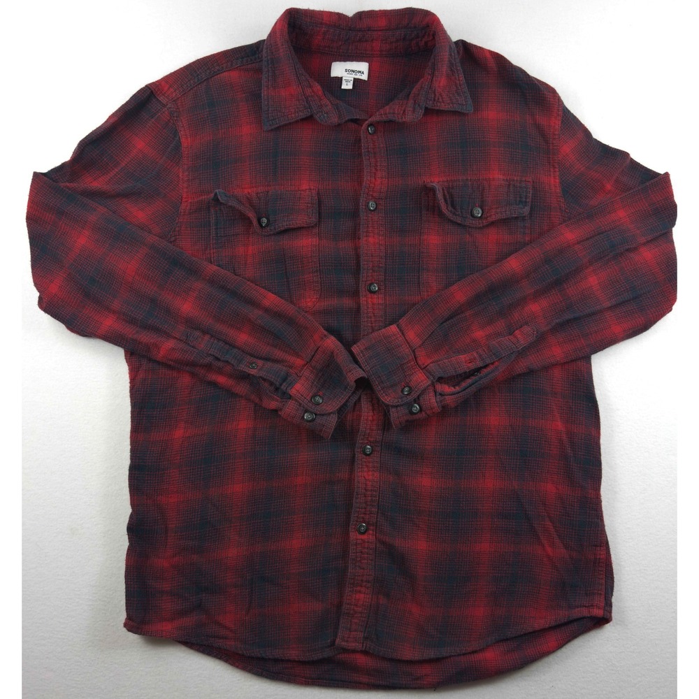 Sonoma Goods For Life Mens Large Red Black Plaid Cotton Flannel Shirt Pockets